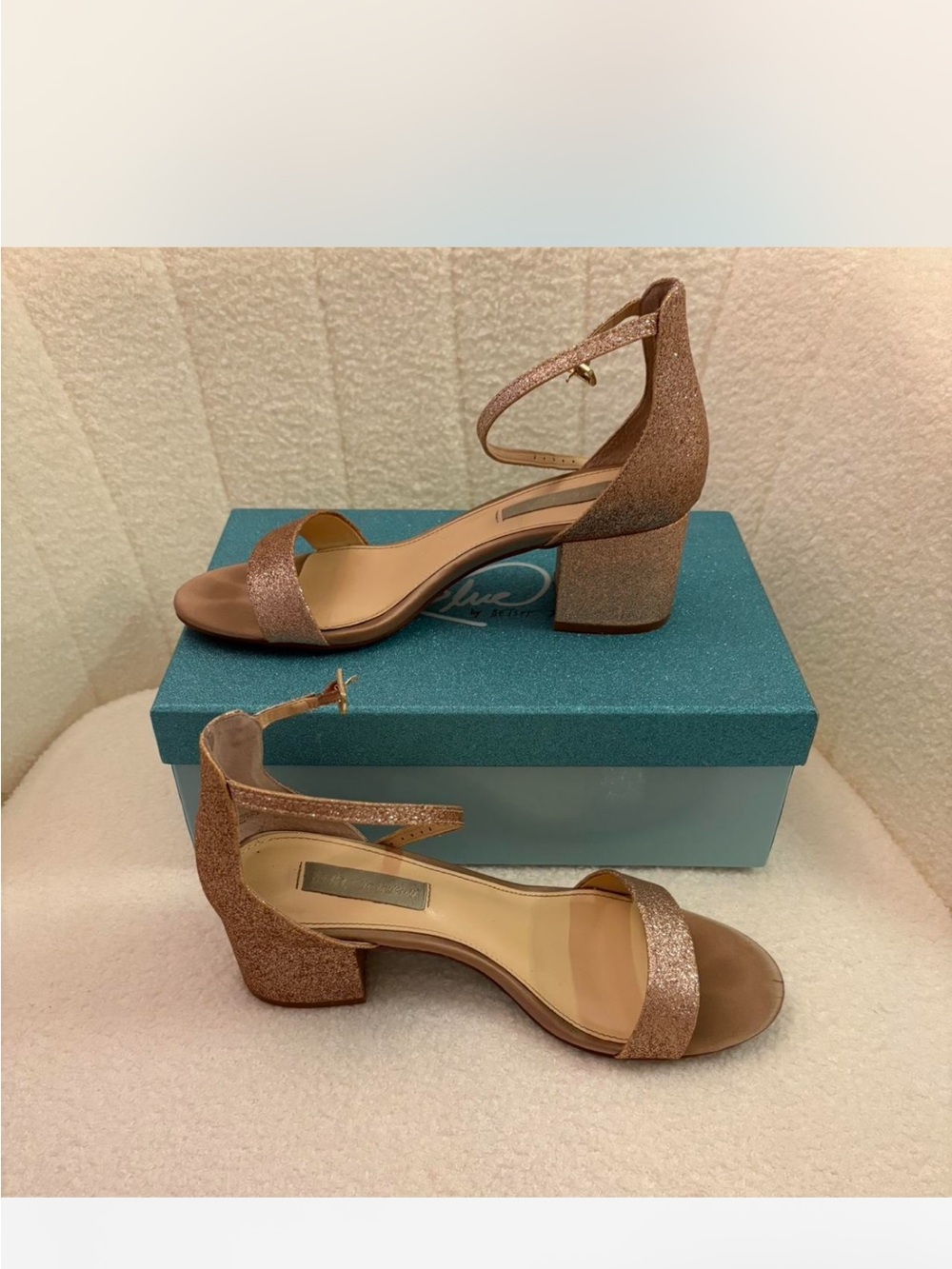Betsey Johnson Rose Gold Glitter Ankle-Strap Block Heels